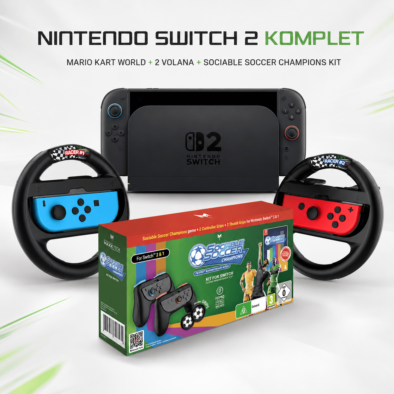 NINTENDO Switch 2 z Mario Kart™ World + Sociable Soccer kit + komplet dveh volanov IMP TECH 9915798656302