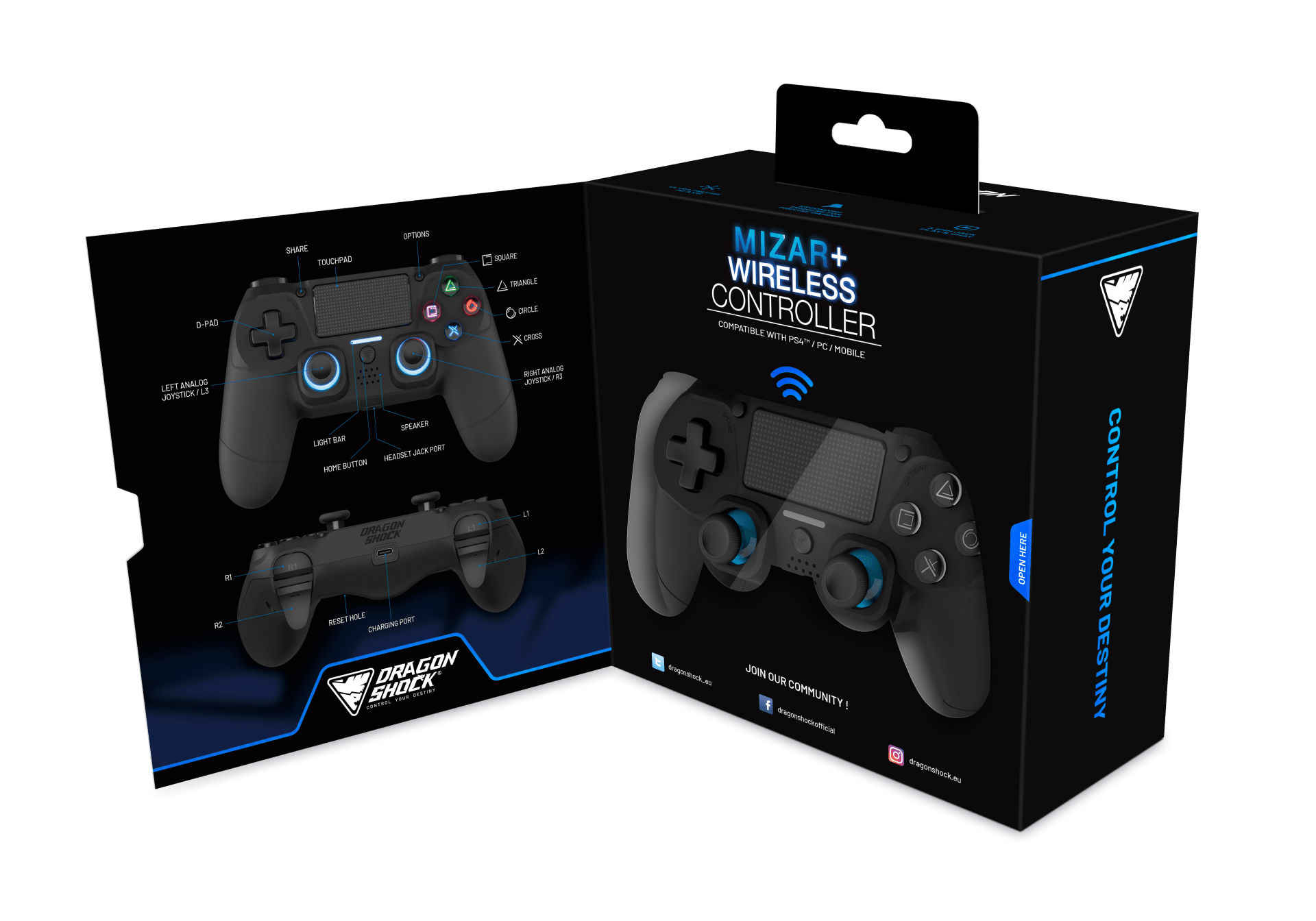 DRAGONSHOCK MIZAR BREZŽIČNI KONTROLER V2 ZA PS4, PC, MOBILE- ČRNE BARVE 5425025595235