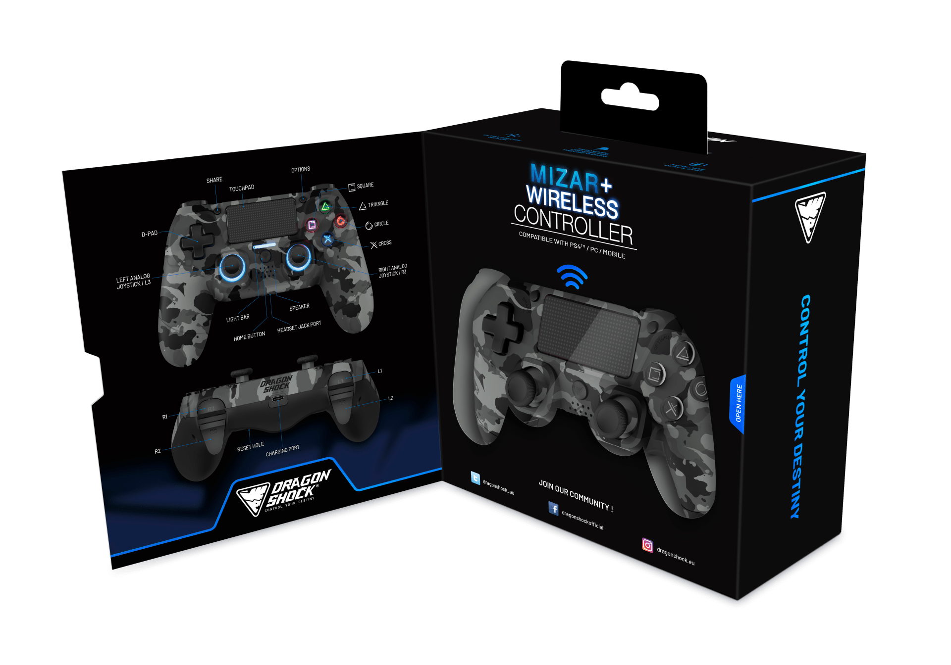 DRAGONSHOCK MIZAR BREZŽIČNI KONTROLER V2 ZA PS4, PC, MOBILE- SIVE CAMO BARVE 5425025595242