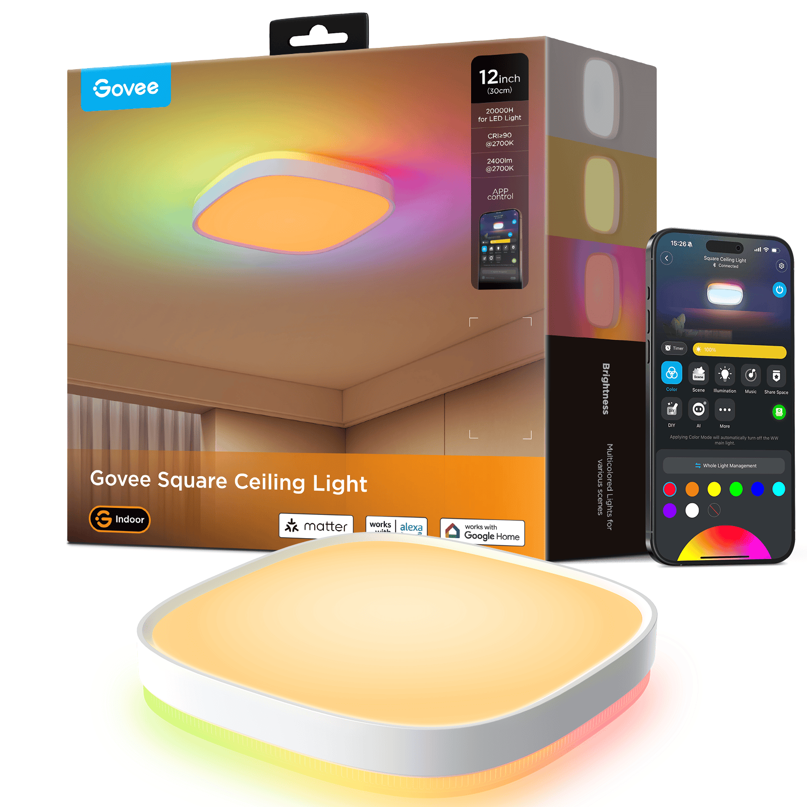 GOVEE 12INCH RGBWW + RGBIC pametna kvadratna stropna svetilka 6974316995876