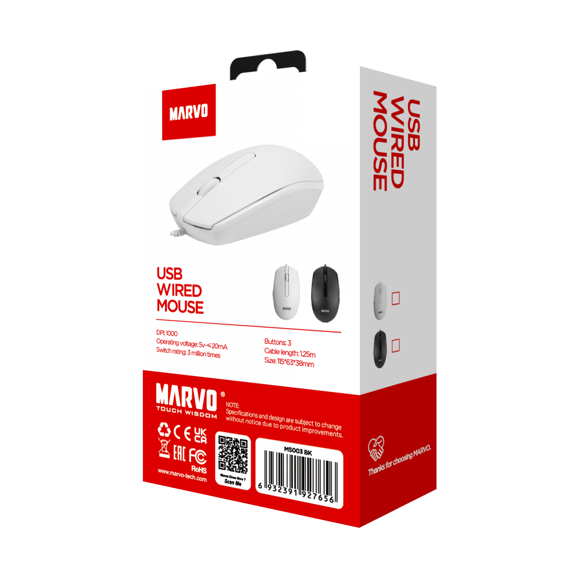 MARVO OFFICE MS003 WH ŽIČNA MIŠKA BELE BARVE 6932391927663