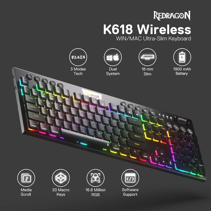 REDRAGON HORUS PRO K618RGB-PRO WIRED & 2.4G & BT RED SWITCH TIPKOVNICA 6950376721044